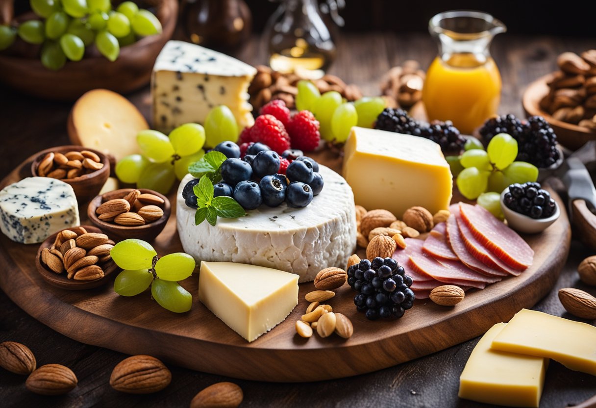 A rustic wooden platter displays an assortment of 12 keto-friendly cheeses, surrounded by nuts, berries, and sliced meats, evoking a Renaissance fair ambiance