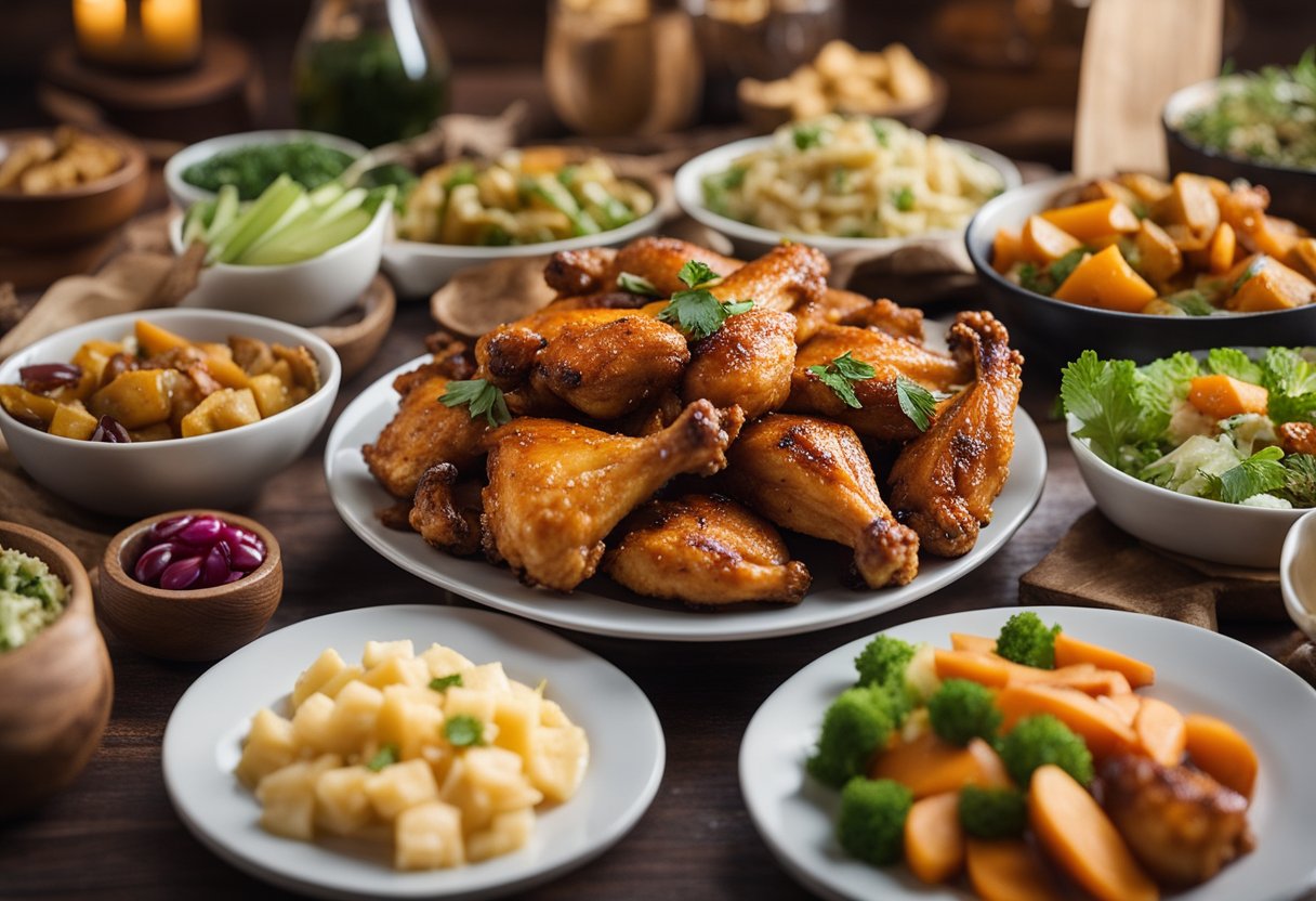 A platter of golden-brown roasted chicken wings surrounded by keto-friendly Renaissance fair-inspired sides and garnishes