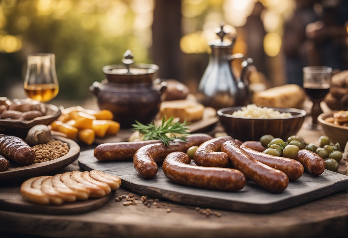 A rustic wooden table with a variety of keto-friendly sausage links, surrounded by medieval-themed decor at a Renaissance fair