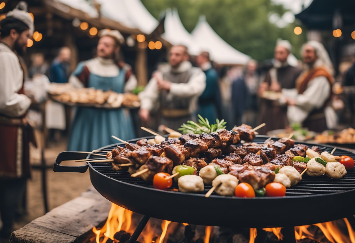 A sizzling grill with lamb skewers surrounded by medieval-themed keto food options at a Renaissance fair