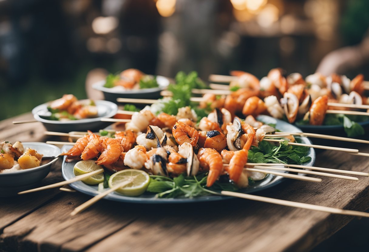 A platter of seafood skewers displayed on a rustic wooden table at a Renaissance fair