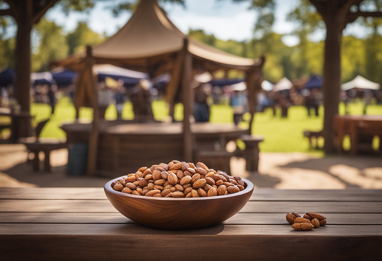 A wooden bowl filled with spiced nuts sits on a rustic table at a renaissance fair. Nearby, a banner advertises "12 Keto Renaissance Fair Options."