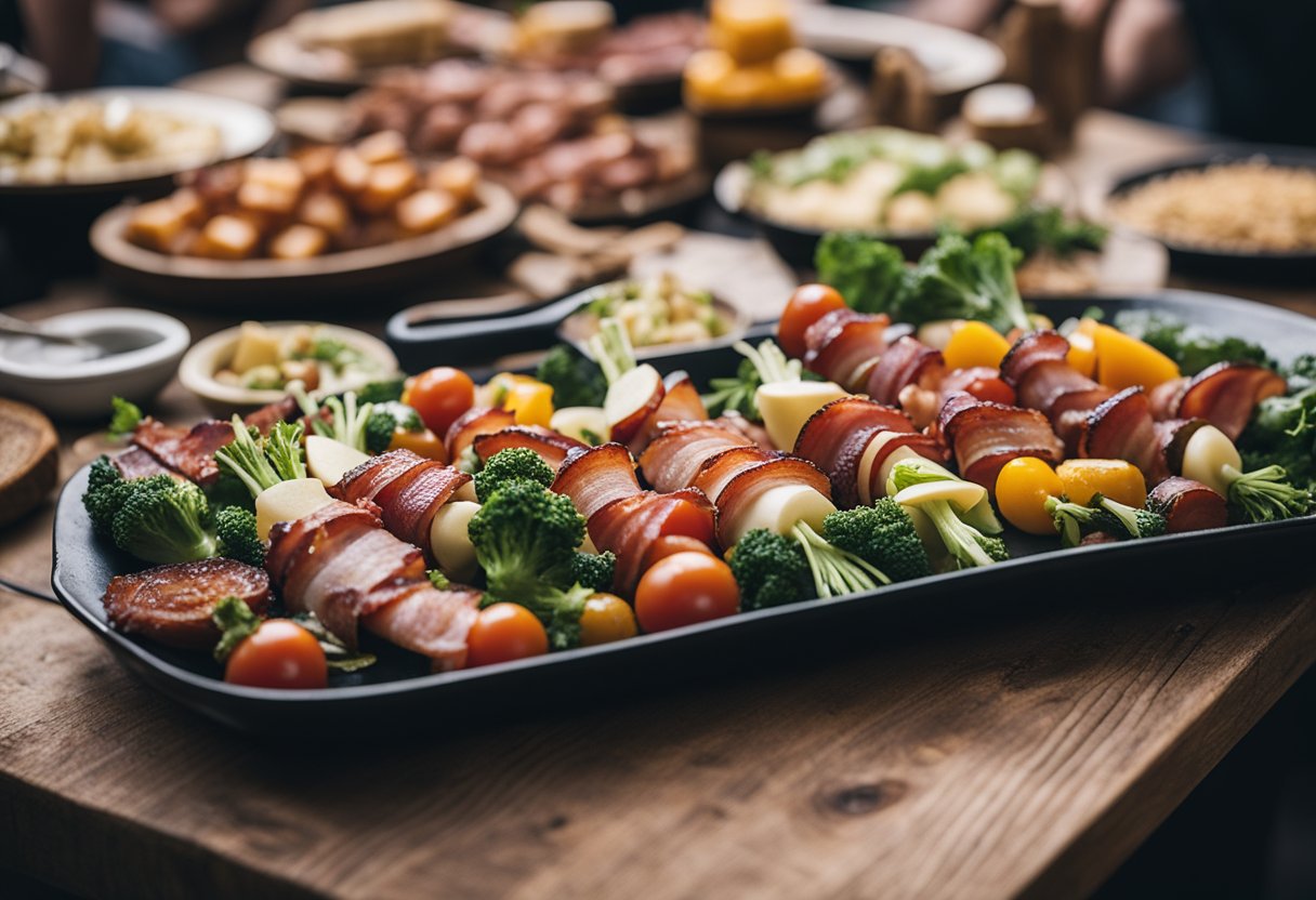 A platter of bacon-wrapped vegetables sits on a wooden table at a Renaissance fair, surrounded by other keto-friendly food options