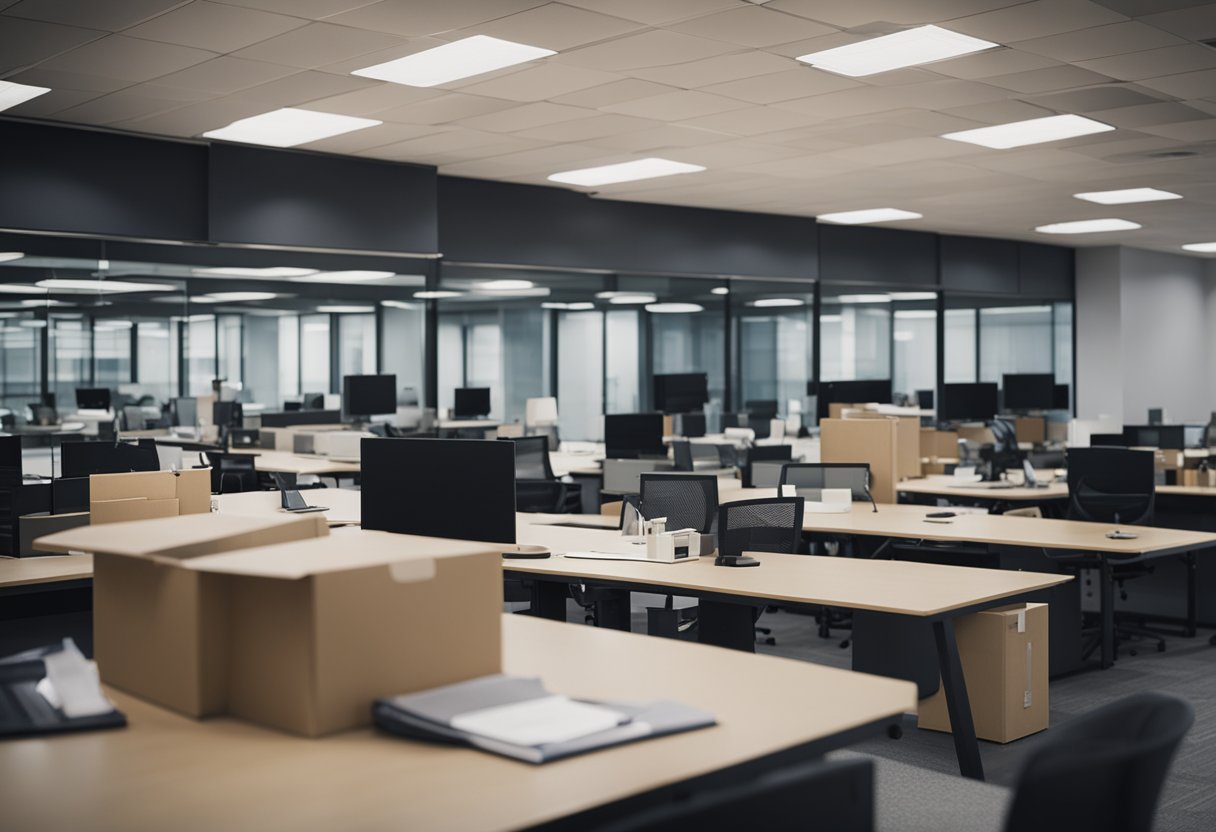 A bustling office building with "For Lease" signs, empty desks, and moving boxes scattered throughout the space