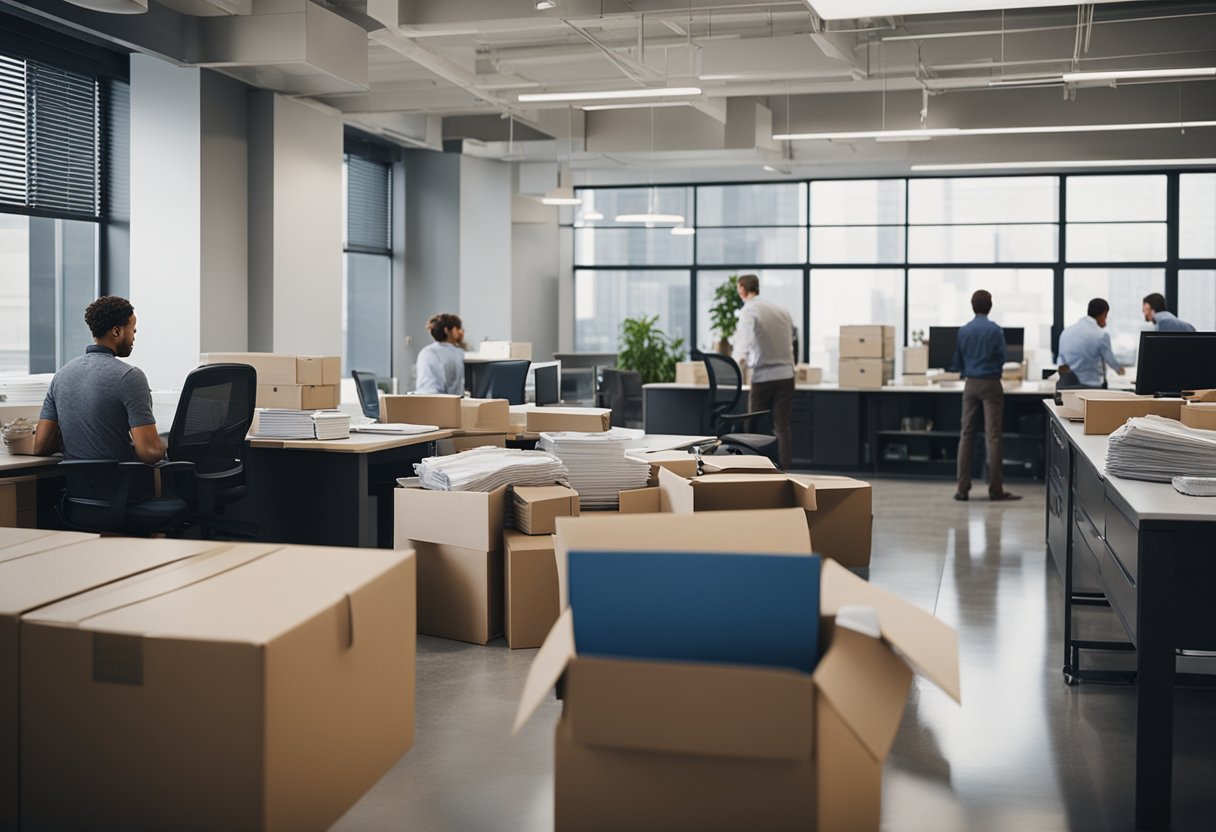 A busy federal office with workers packing up and moving out, while real estate agents discuss loan impacts