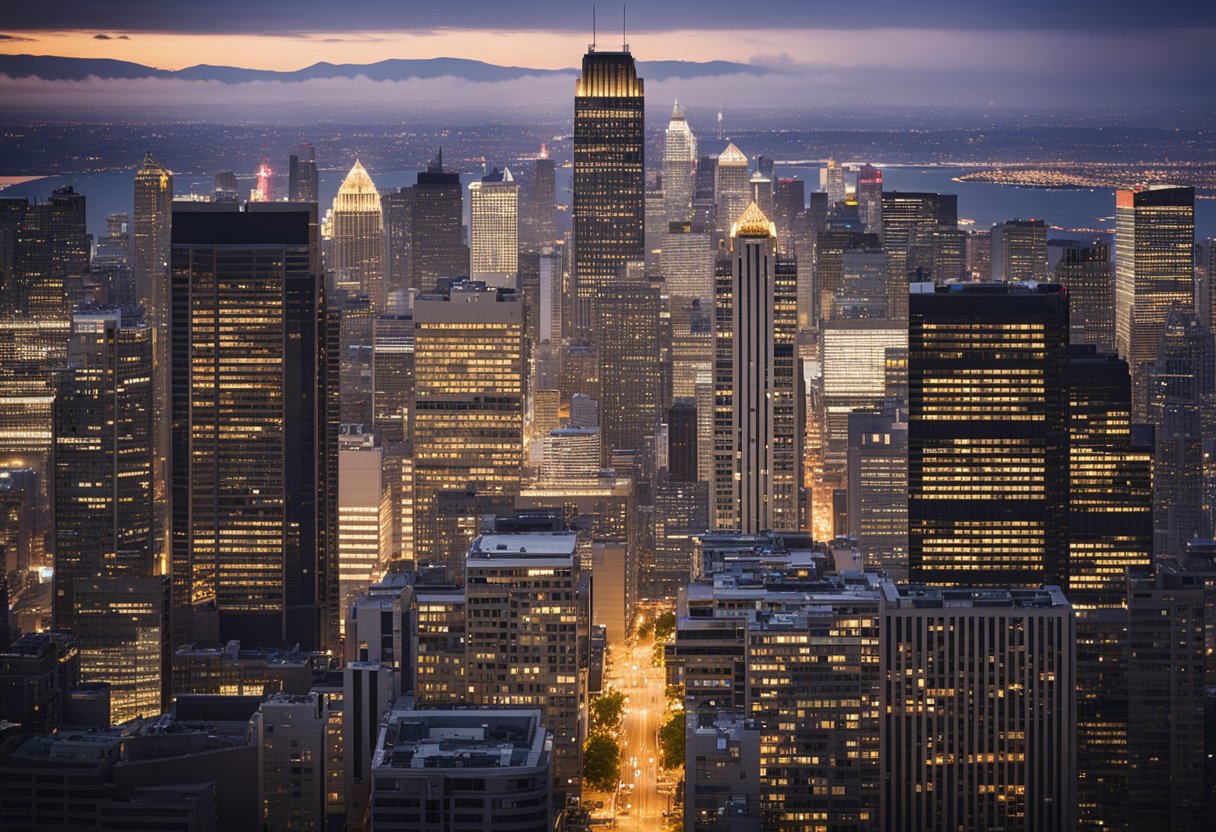 A bustling city skyline with various commercial real estate buildings, some towering above the rest, symbolizing the prioritization of CRE pricing for maximum returns and the concept of first-mover advantage