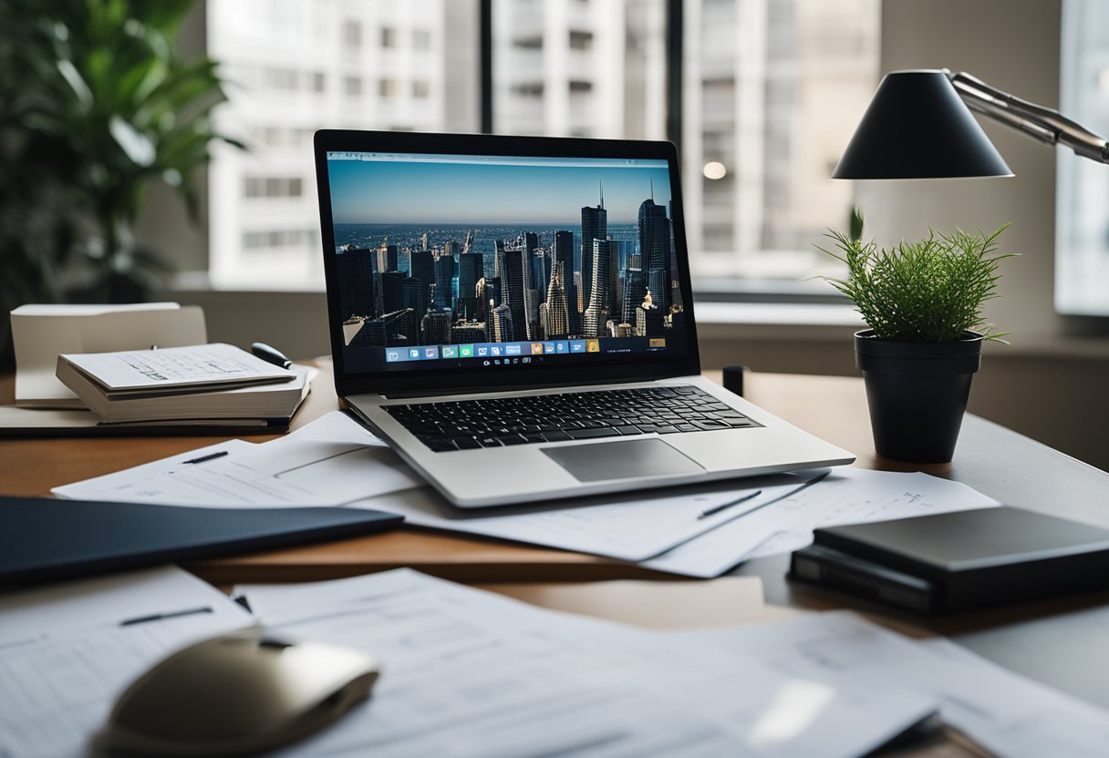 A modern office desk with a laptop, notepad, and pen surrounded by real estate investment books and charts