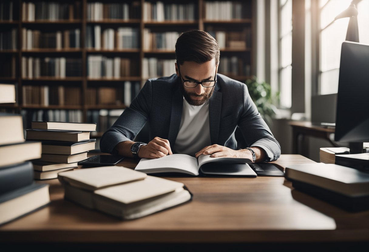 A ghostwriter surrounded by real estate books, typing on a laptop