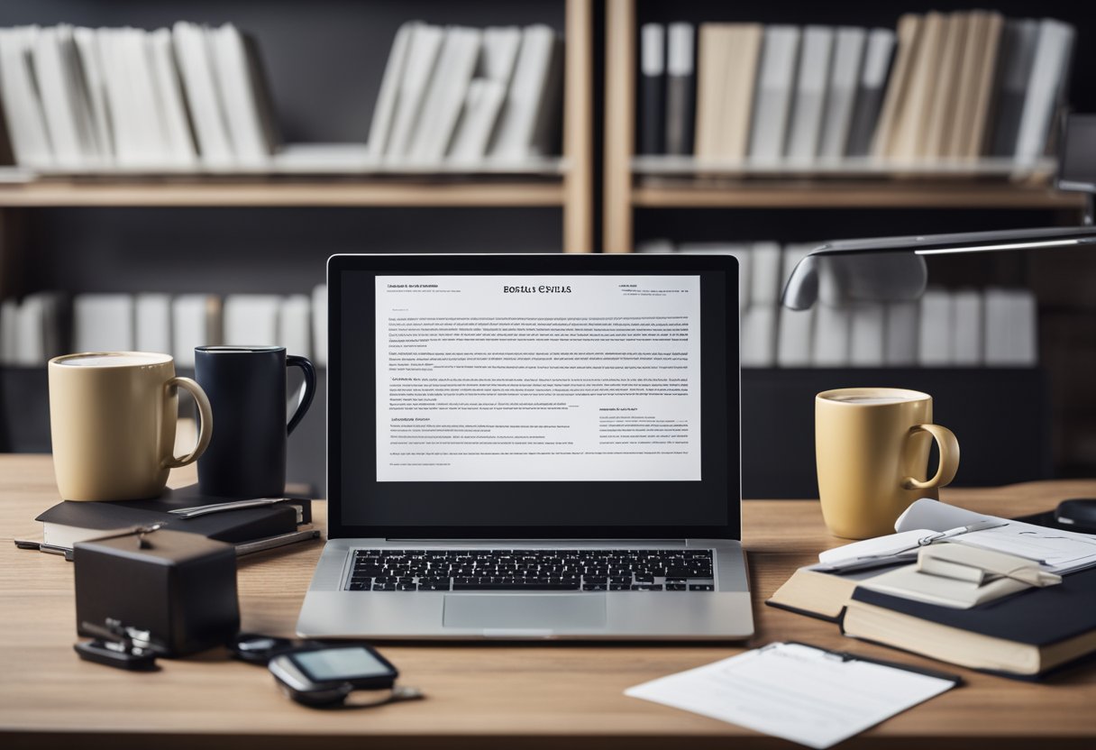 A desk cluttered with business documents, a laptop, and a cup of coffee. A bookshelf filled with reference materials and a framed diploma on the wall