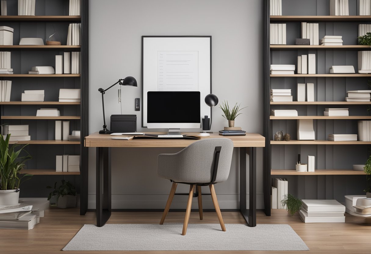 A sleek office desk with a laptop, notepad, and pen, surrounded by shelves of business books and a framed diploma on the wall