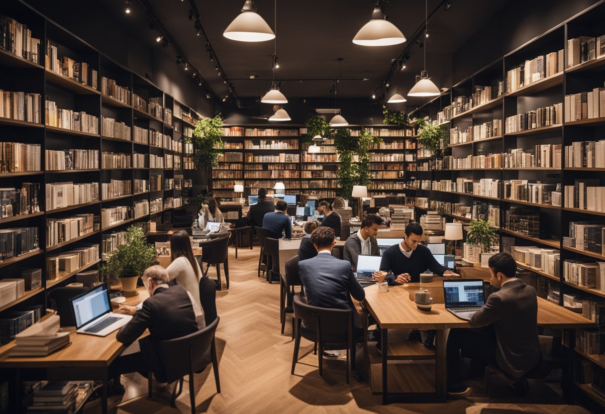 A busy coffee shop with professionals typing on laptops, surrounded by shelves of business books and magazines