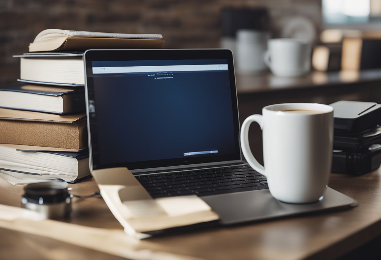 A desk cluttered with notebooks, a laptop, and a stack of business books. A calendar on the wall with deadlines circled. A mug of coffee steaming beside a half-empty water bottle