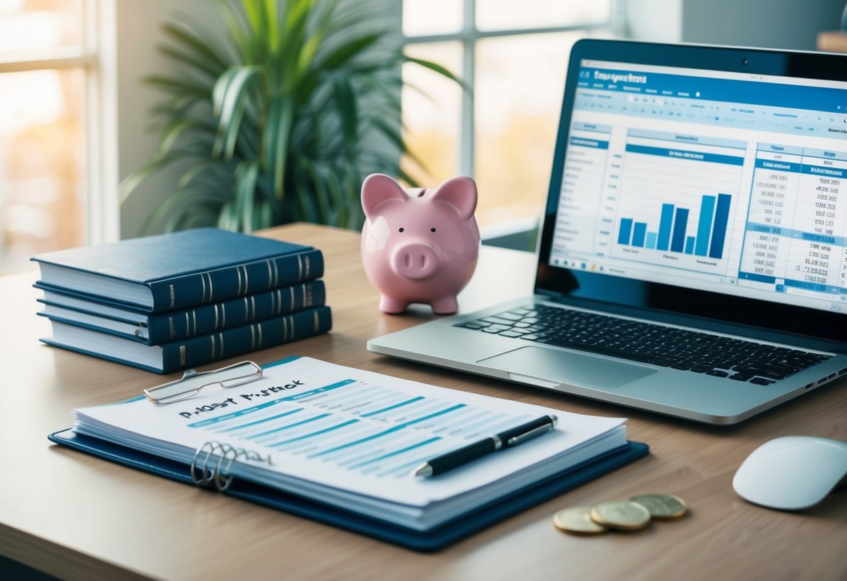 A desk with a neatly organized budget planner, a stack of financial books, a piggy bank, and a laptop displaying a spreadsheet. A peaceful and organized environment