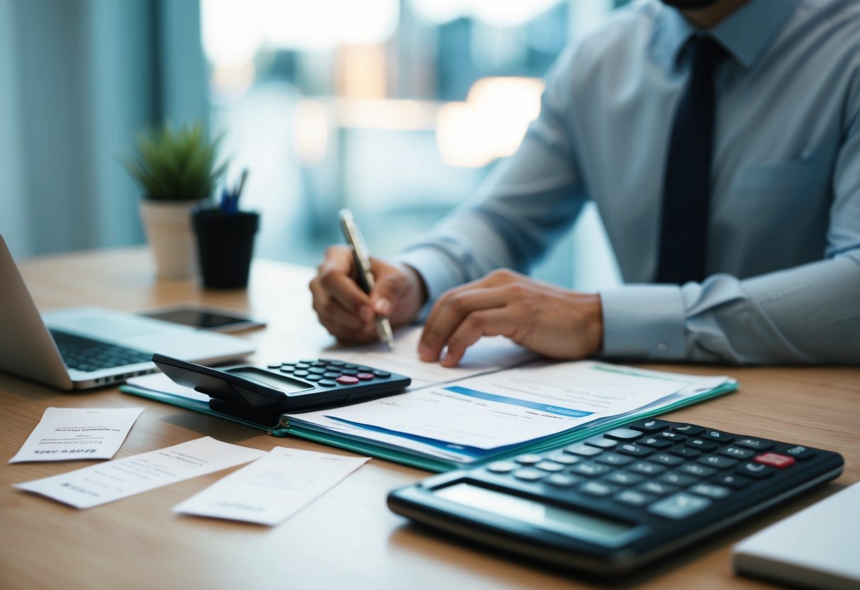 A desk with a neatly organized budget planner, receipts, and a calculator. A person diligently tracking their daily expenses