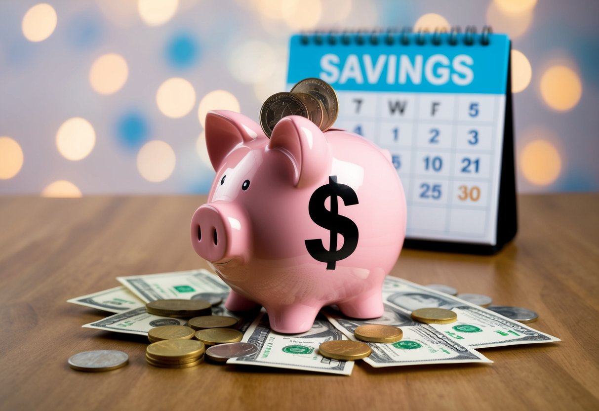 A piggy bank with a dollar sign on its side, surrounded by coins and dollar bills, with a calendar in the background marking off savings milestones