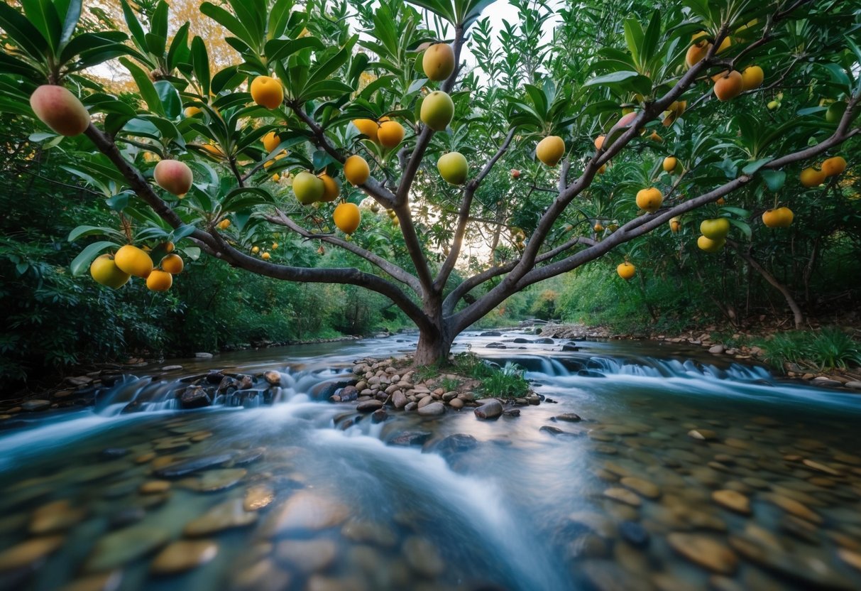 A tree with multiple branches bearing different types of fruit, surrounded by flowing streams of water and a peaceful atmosphere