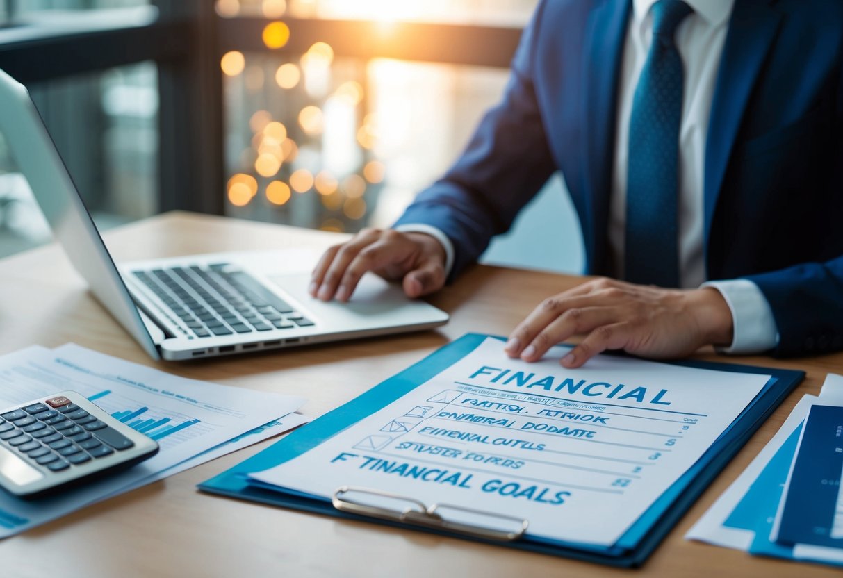 A person sitting at a desk, surrounded by financial documents and a laptop, with a clear list of financial goals written out in front of them