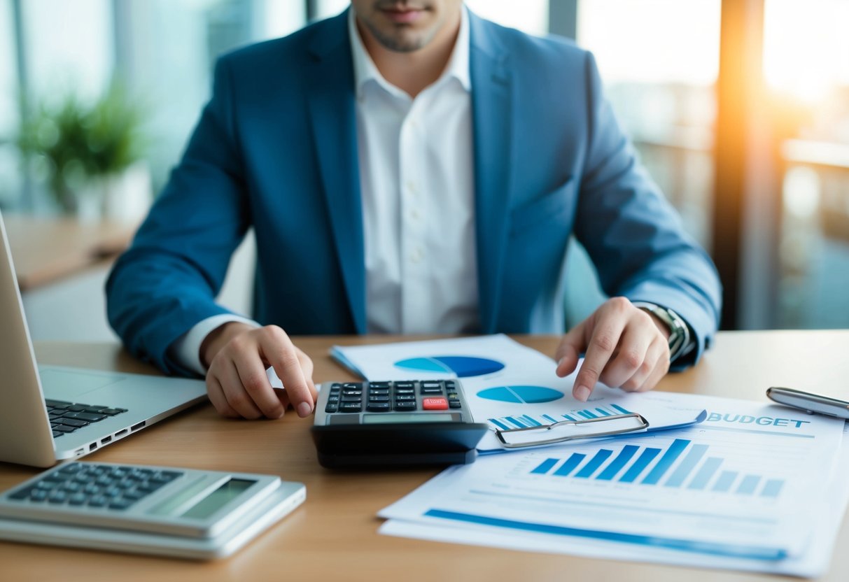 A person sitting at a desk with a laptop, calculator, and financial documents, reviewing their budget with a focused expression