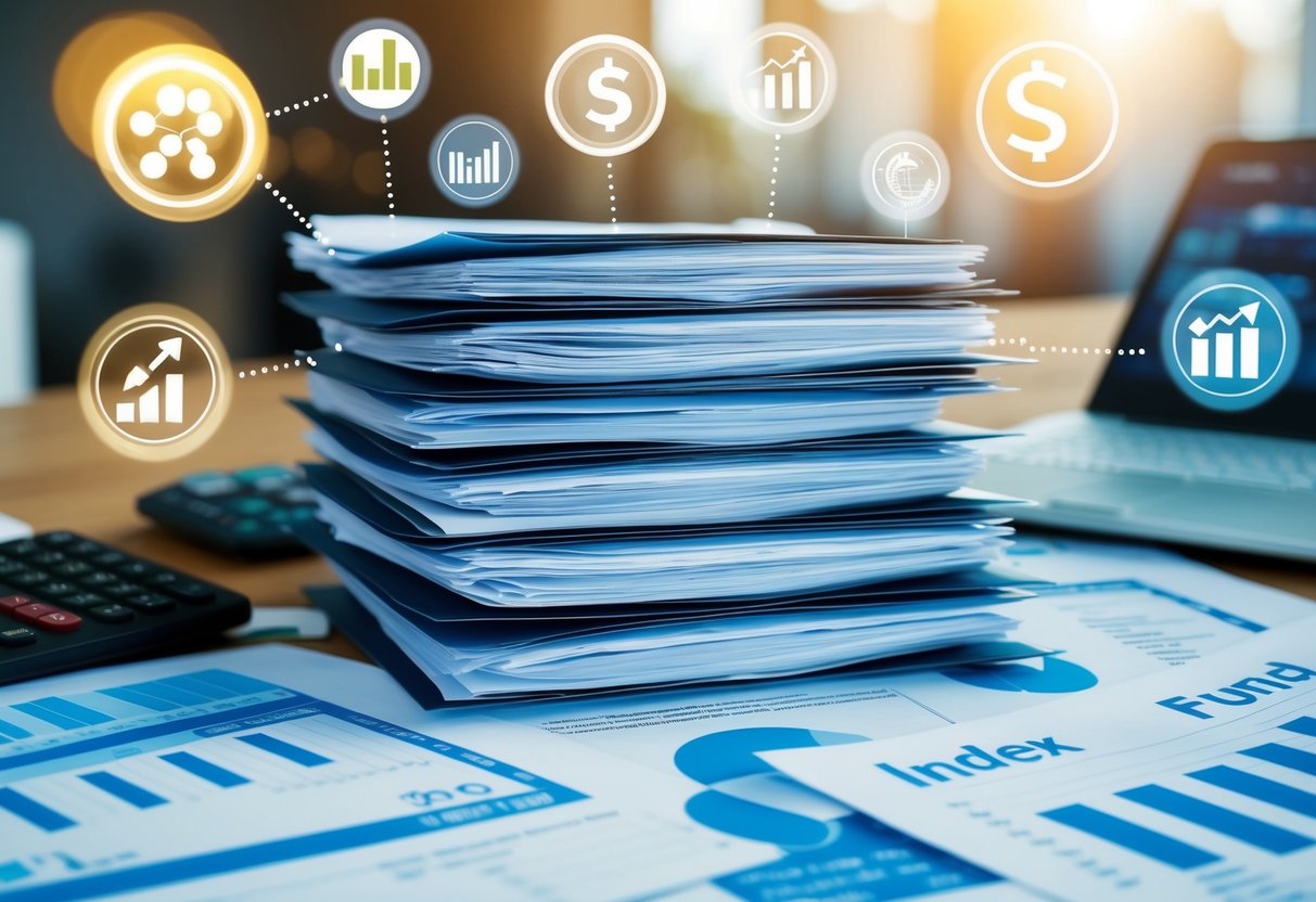 A stack of index fund documents surrounded by various financial symbols and charts