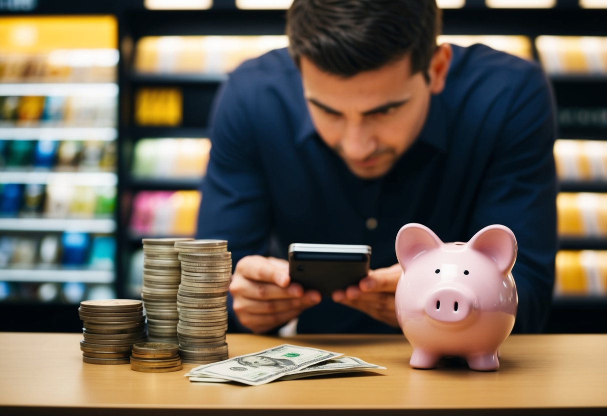 A person hesitates in front of a tempting purchase, while a stack of bills and a piggy bank sit nearby