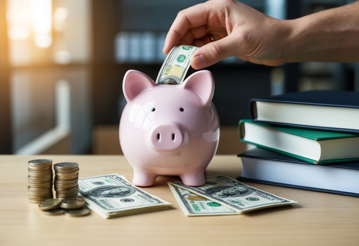 A piggy bank being filled with coins and bills on a shelf, surrounded by a stack of financial books and a peaceful, organized workspace