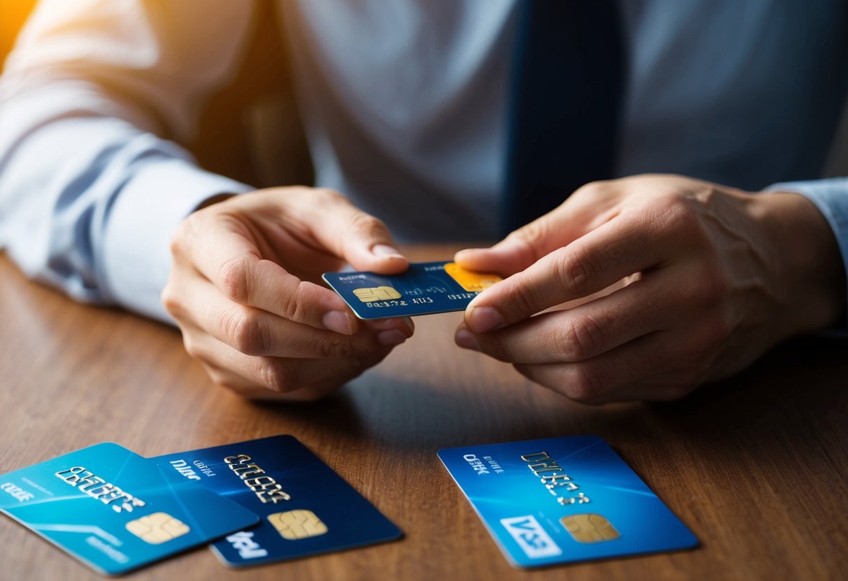 A person carefully selecting a credit card from a variety of options, with a thoughtful expression on their face