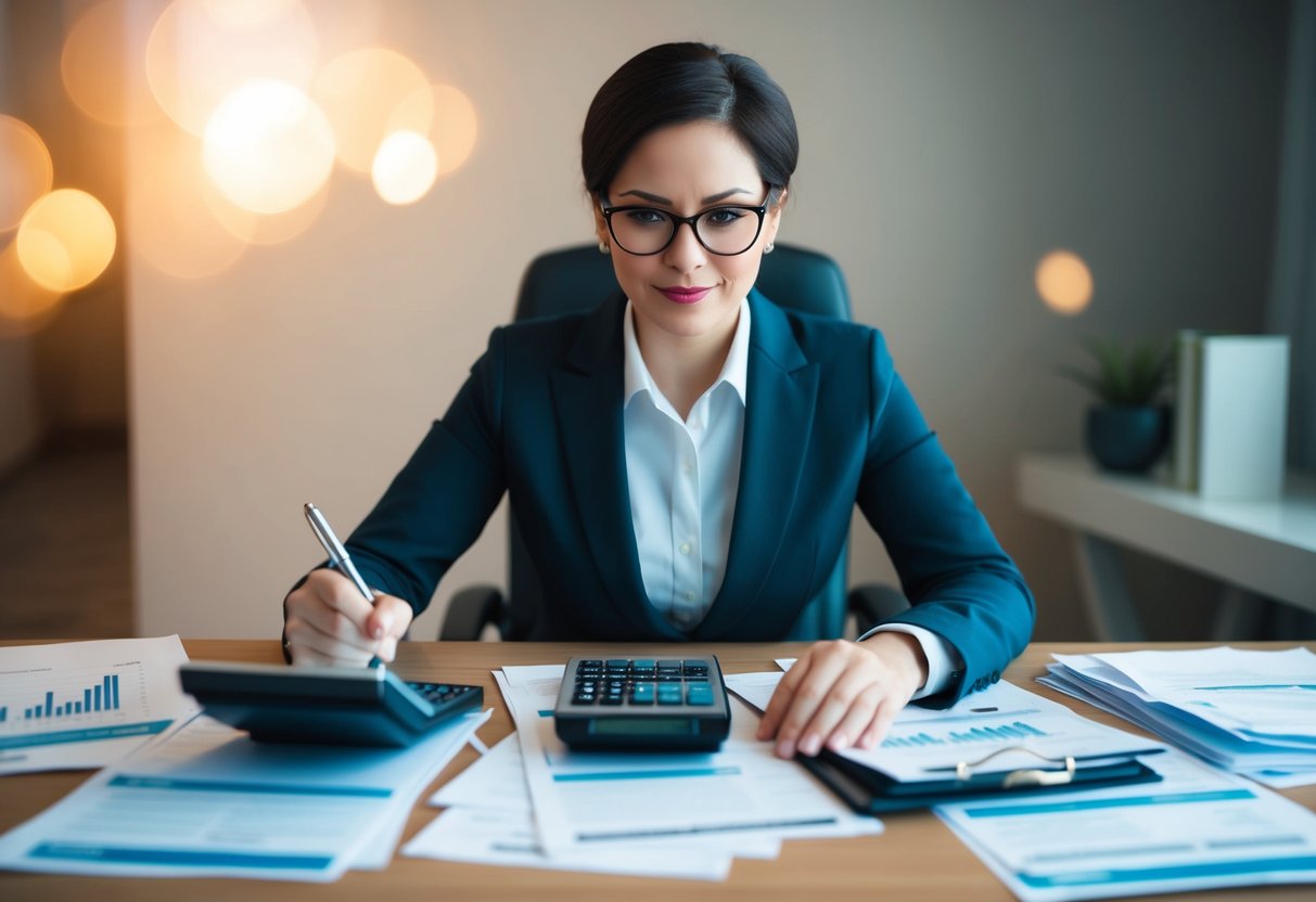 A person sitting at a desk, surrounded by bills and financial documents, with a calculator and pen in hand, appearing focused and determined