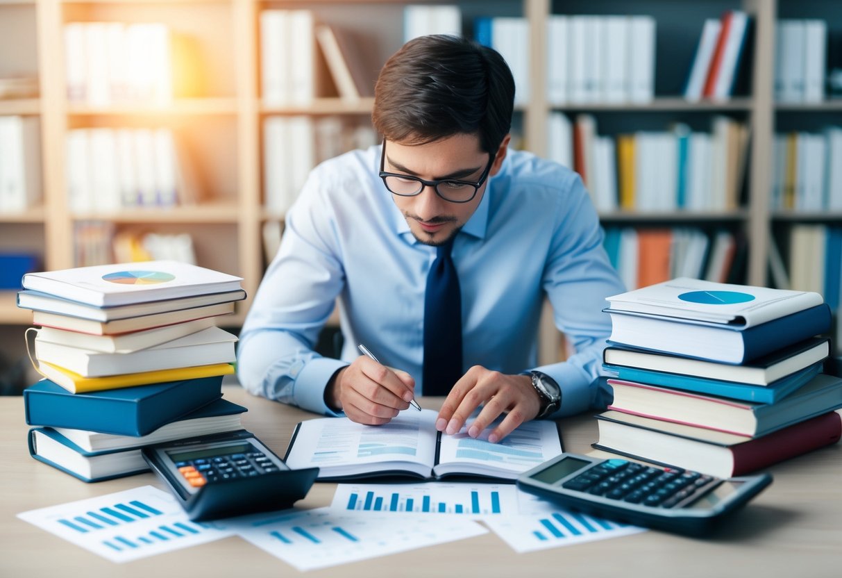 A person surrounded by books, charts, and calculators, absorbing knowledge on financial literacy