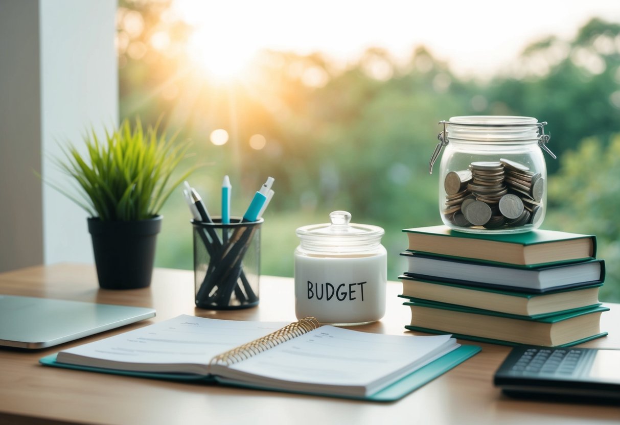 A serene and organized desk with a budget planner, savings jar, and a stack of financial books. A peaceful and focused atmosphere for practicing financial mindfulness