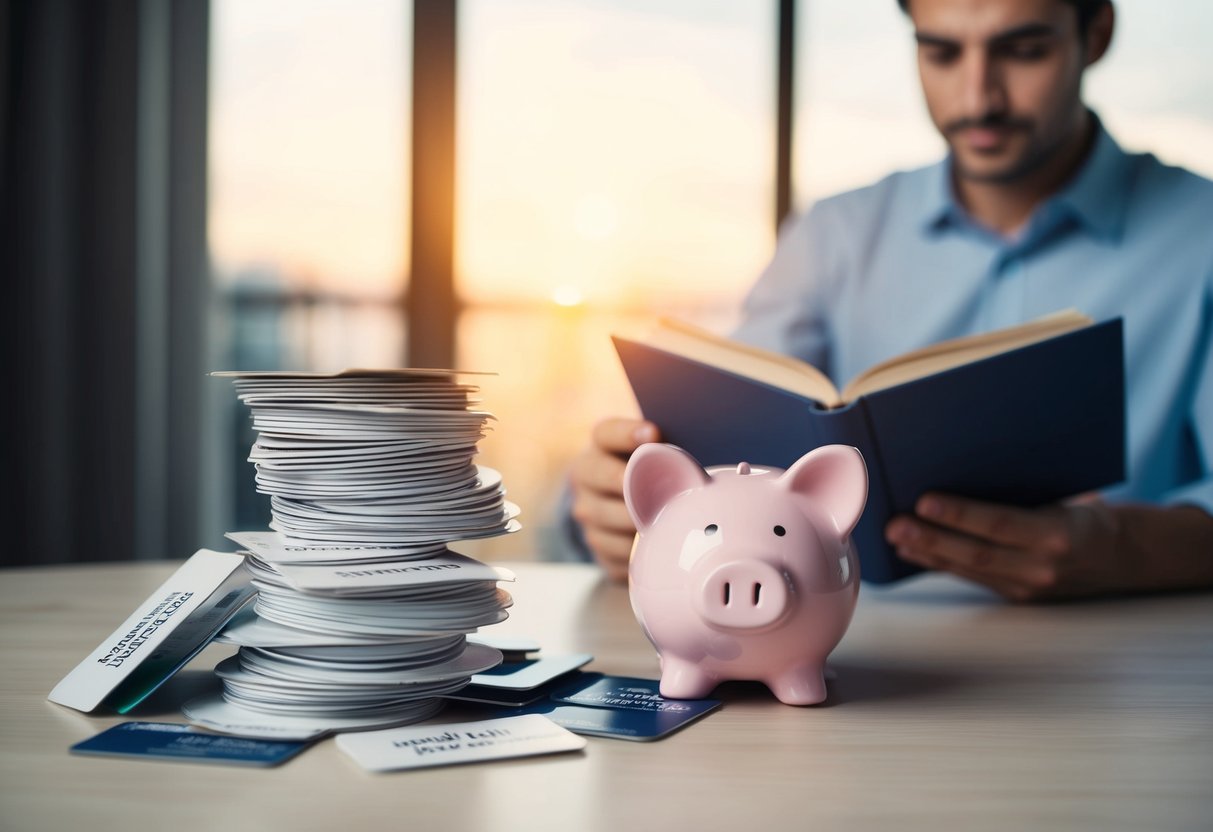 A pile of cancelled subscription cards beside a piggy bank and a calm person reading a book on personal finance