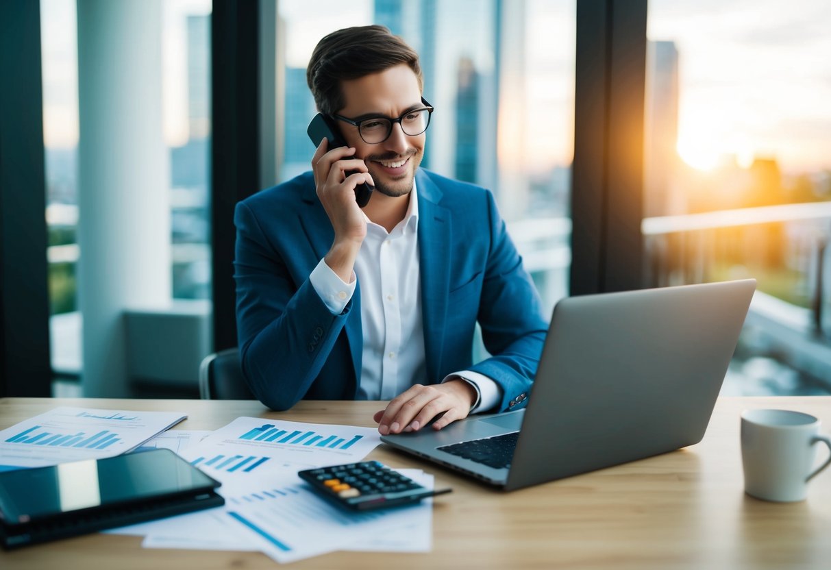 Financial Habits A person sitting at a desk with a laptop, surrounded by financial documents and a calculator, while talking to a financial advisor on the phone