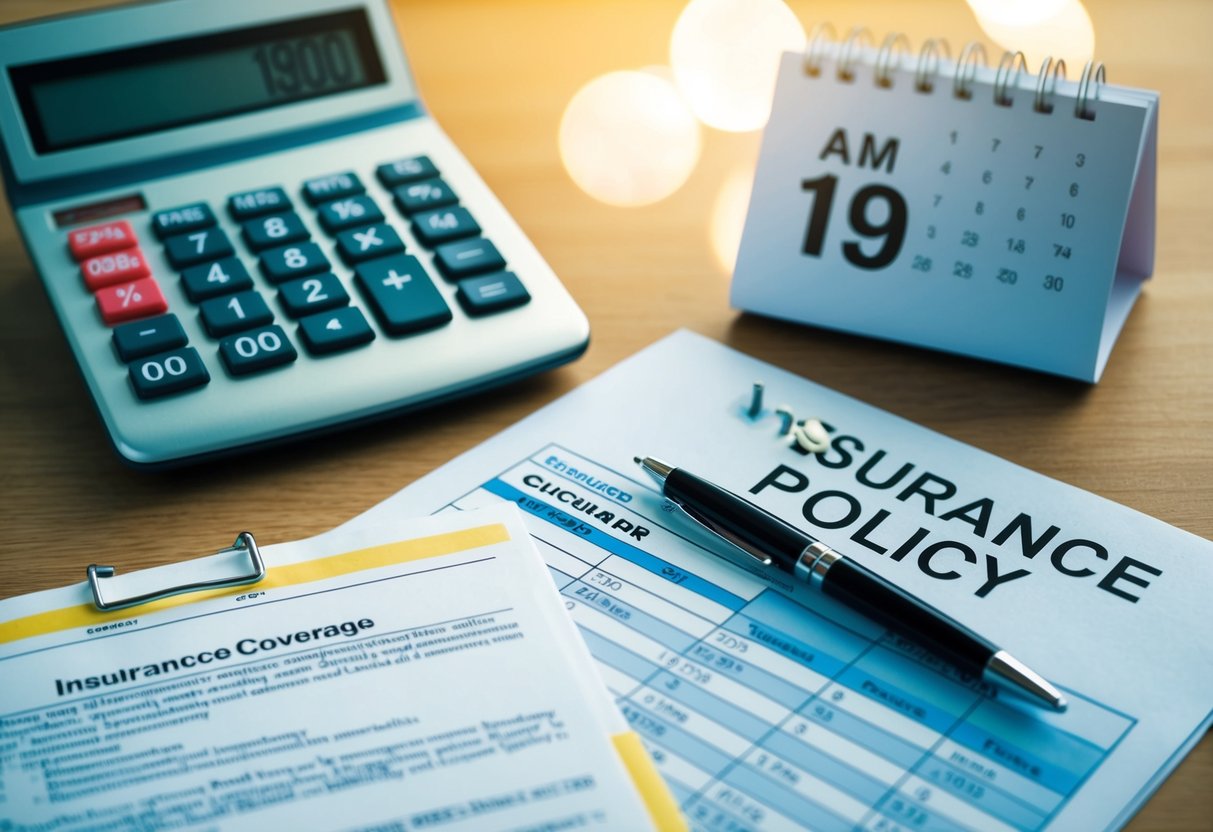 A desk with a calculator, insurance policy documents, and a calendar with a reminder to re-evaluate coverage
