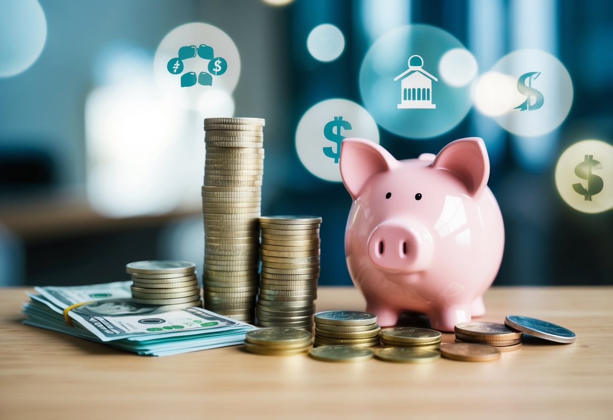 A stack of coins and bills arranged neatly next to a piggy bank, surrounded by symbols of financial stability and success