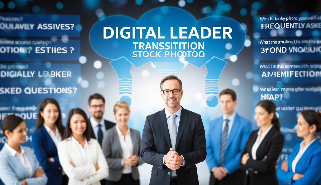 A digital leader guiding employees through a transition roadmap, surrounded by a backdrop of frequently asked questions