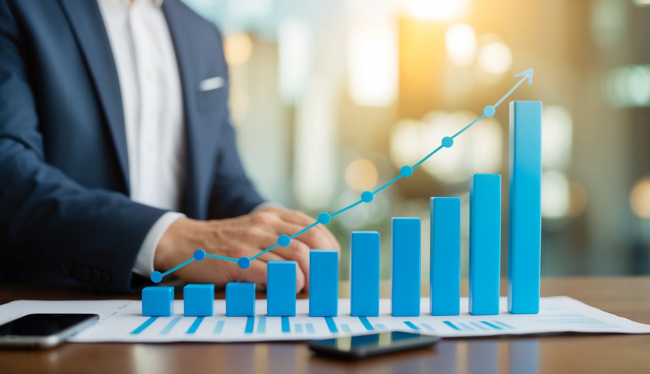 A bar graph showing revenue growth and cost reduction over time, with an upward trend and decreasing expenses