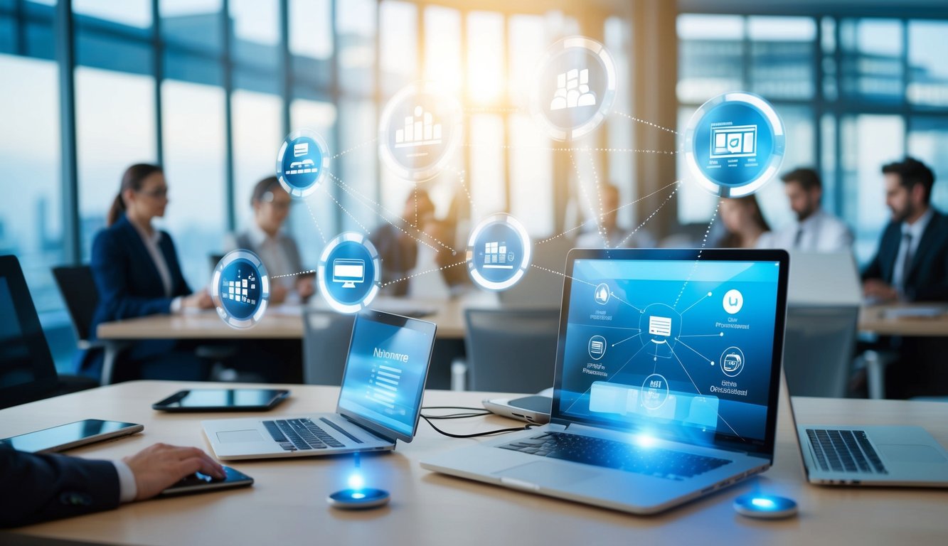 A bustling digital workspace with interconnected devices and data flowing seamlessly between customer and employee engagement platforms