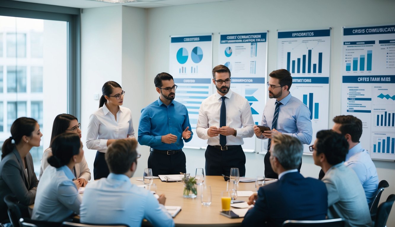 A group of people gather around a table, discussing and strategizing crisis communication plans. Charts and templates cover the walls