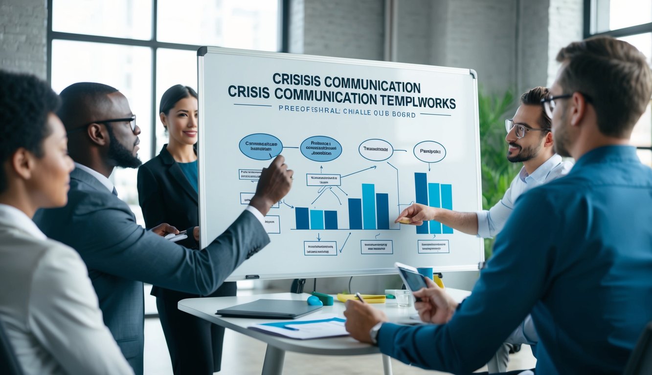 A group of people brainstorming and creating crisis communication templates and frameworks on a whiteboard