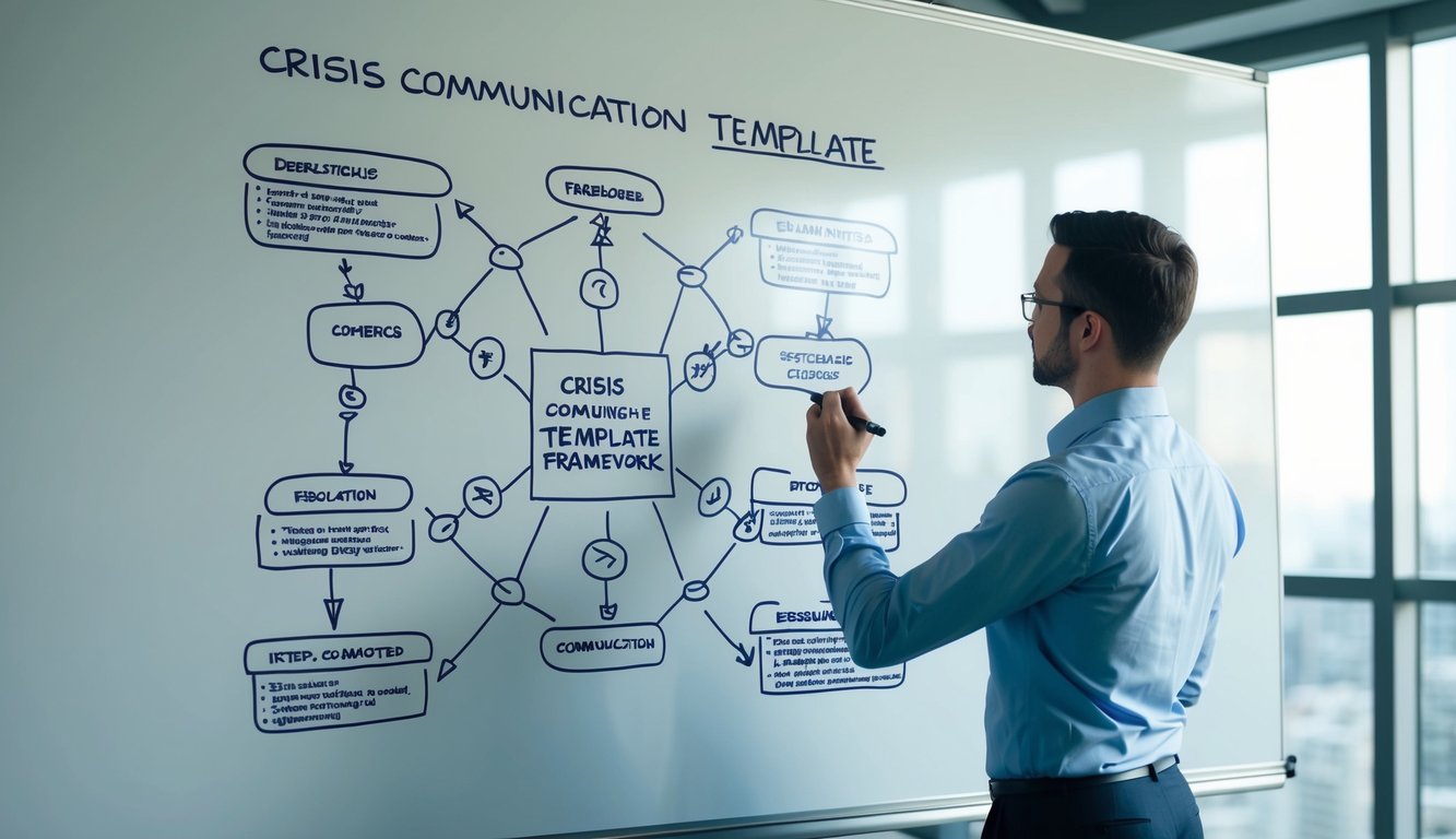 A person standing in front of a large whiteboard, drawing out a crisis communication template and framework with various interconnected elements