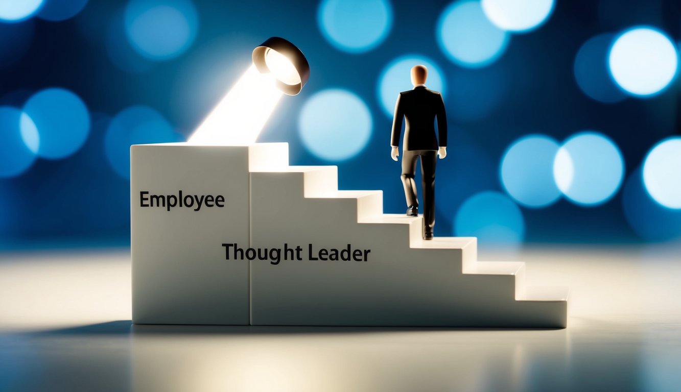 A figure ascending a staircase from "Employee" to "Thought Leader" with a spotlight shining on the final step