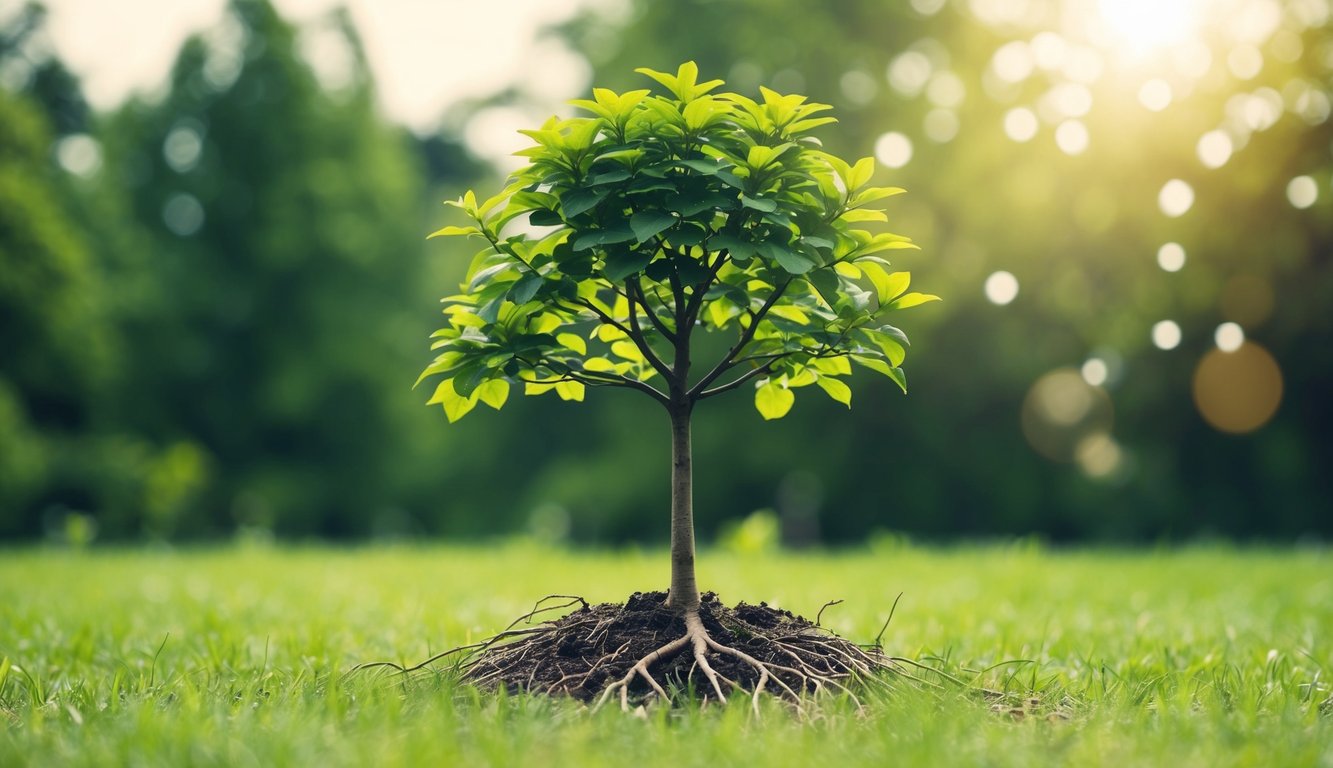 A seedling growing into a towering tree, with roots spreading and branches reaching towards the sky, symbolizing personal growth and evolution
