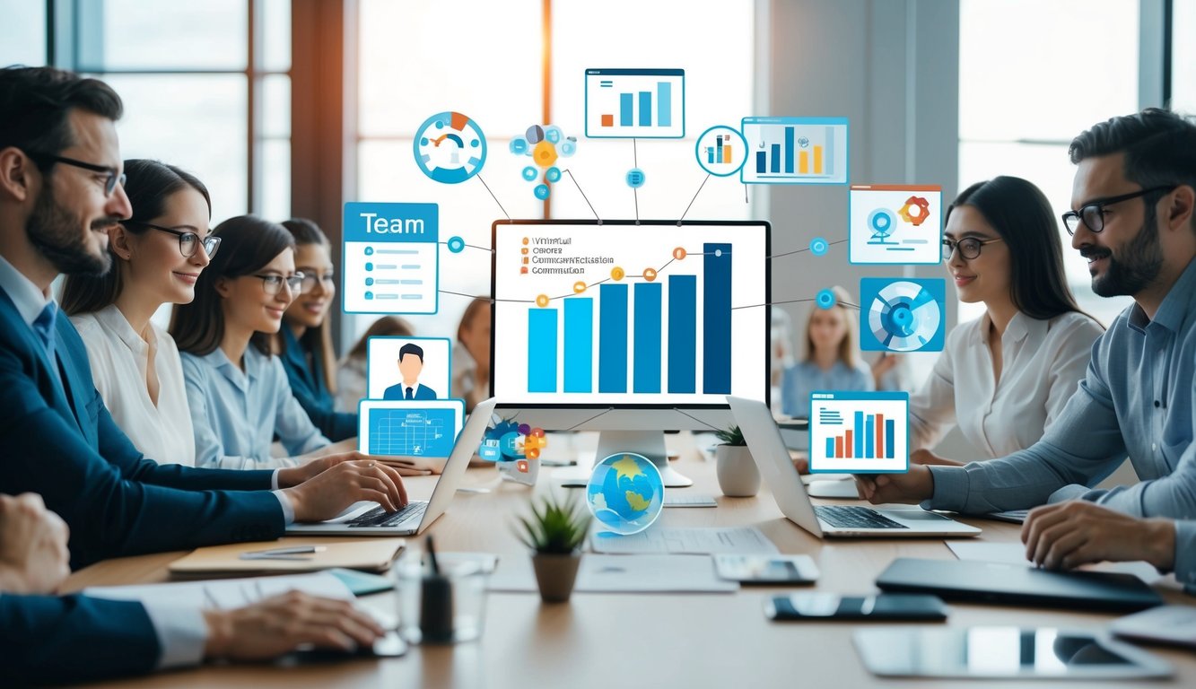 A diverse group of virtual communication tools and data charts symbolizing remote team culture assessment