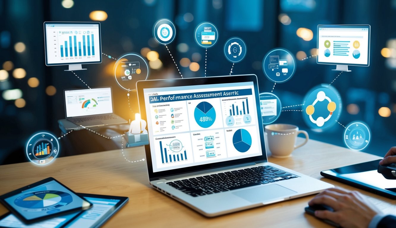 A laptop displaying various performance assessment tools and metrics, surrounded by virtual communication devices and charts