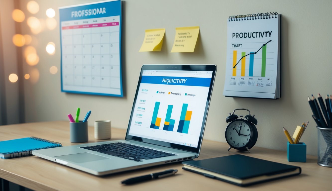 A desk with a laptop, notebook, and pen. A calendar on the wall, with sticky notes and a clock. A chart showing productivity metrics