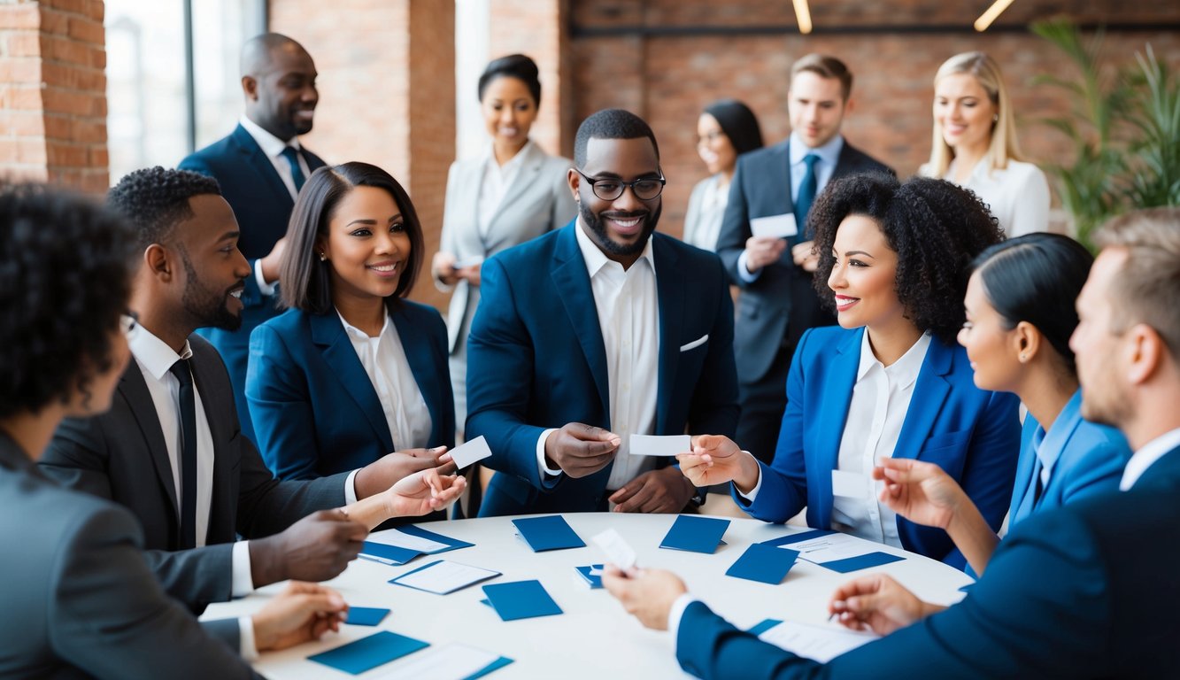 A group of diverse professionals engage in conversation at a networking event, exchanging business cards and discussing strategies for transitioning from employee to owner