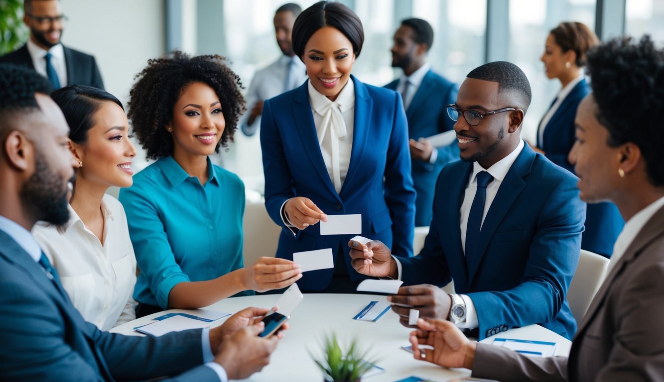 A group of diverse professionals engage in conversation at a networking event, exchanging business cards and discussing strategies for transitioning from employee to owner