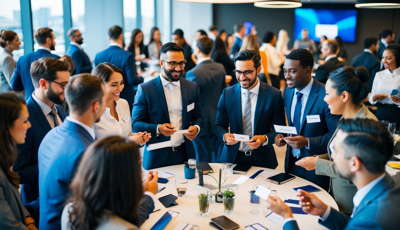 A group of diverse professionals gather in a modern, bustling networking event, exchanging business cards and engaging in lively conversation