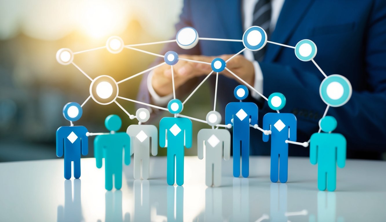 A group of interconnected nodes forming a network, with various sizes and shapes, representing the transition of business ownership