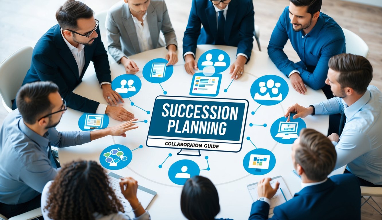 A group of virtual team members gathered around a digital succession planning guide, discussing and brainstorming using various online collaboration tools