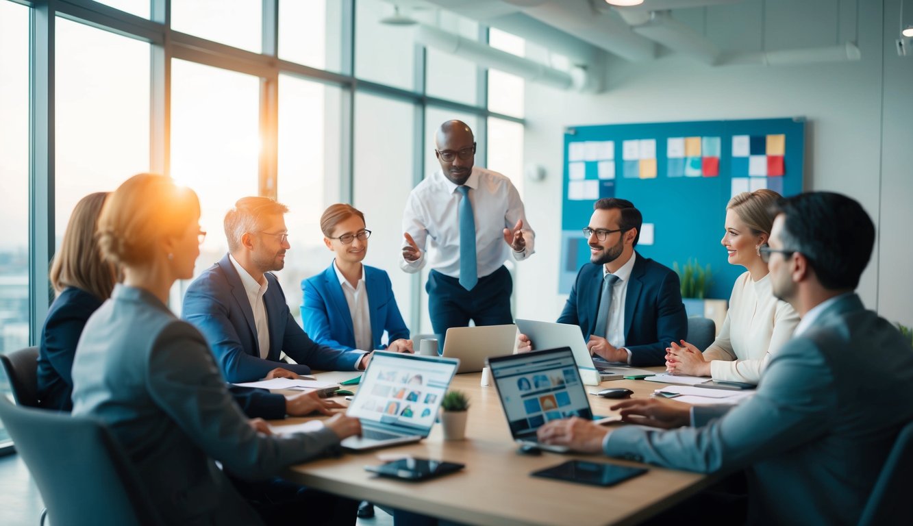 A virtual team meeting with members discussing succession planning using various tools and resources